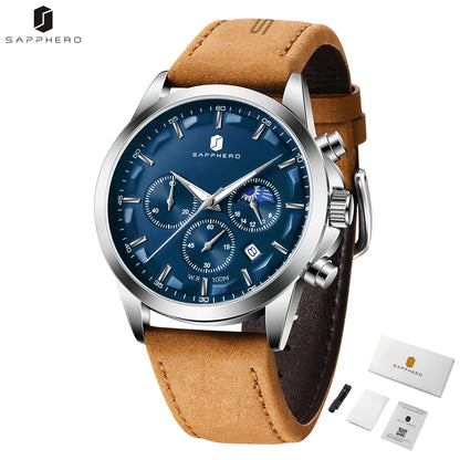 SAPPHERO Men's Business Watches Leather Strap Sports Casual Quartz Men's Watch Classic Waterproof Timepiece 5ATM Wrist Watch
