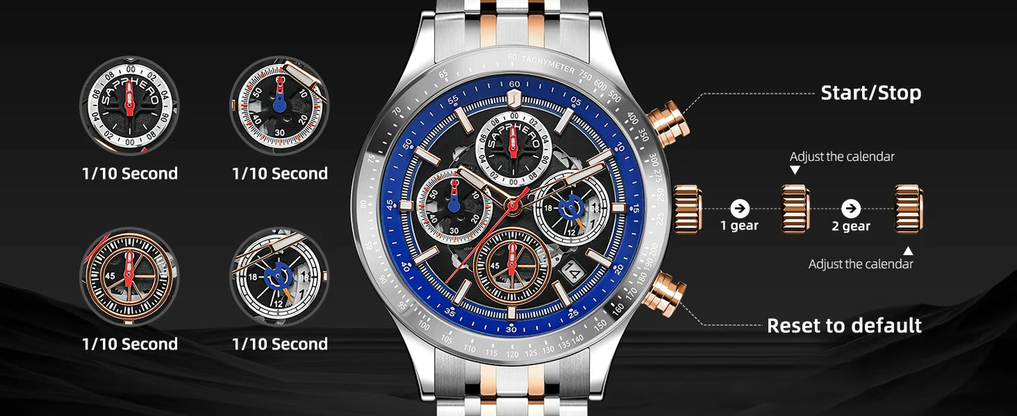 SAPPHERO Fashion Men Watch Mechanical Style Quartz Watch 50M Waterproof Clock Date Chronograph Watch  Gift Watch For Men