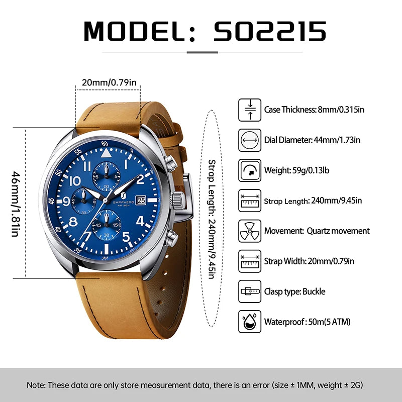 SAPPHERO Men's Quartz Watch Accurate 5ATM Waterproof Men's Watch Business Style Athleisure Watch Simple and Simple Design Clock
