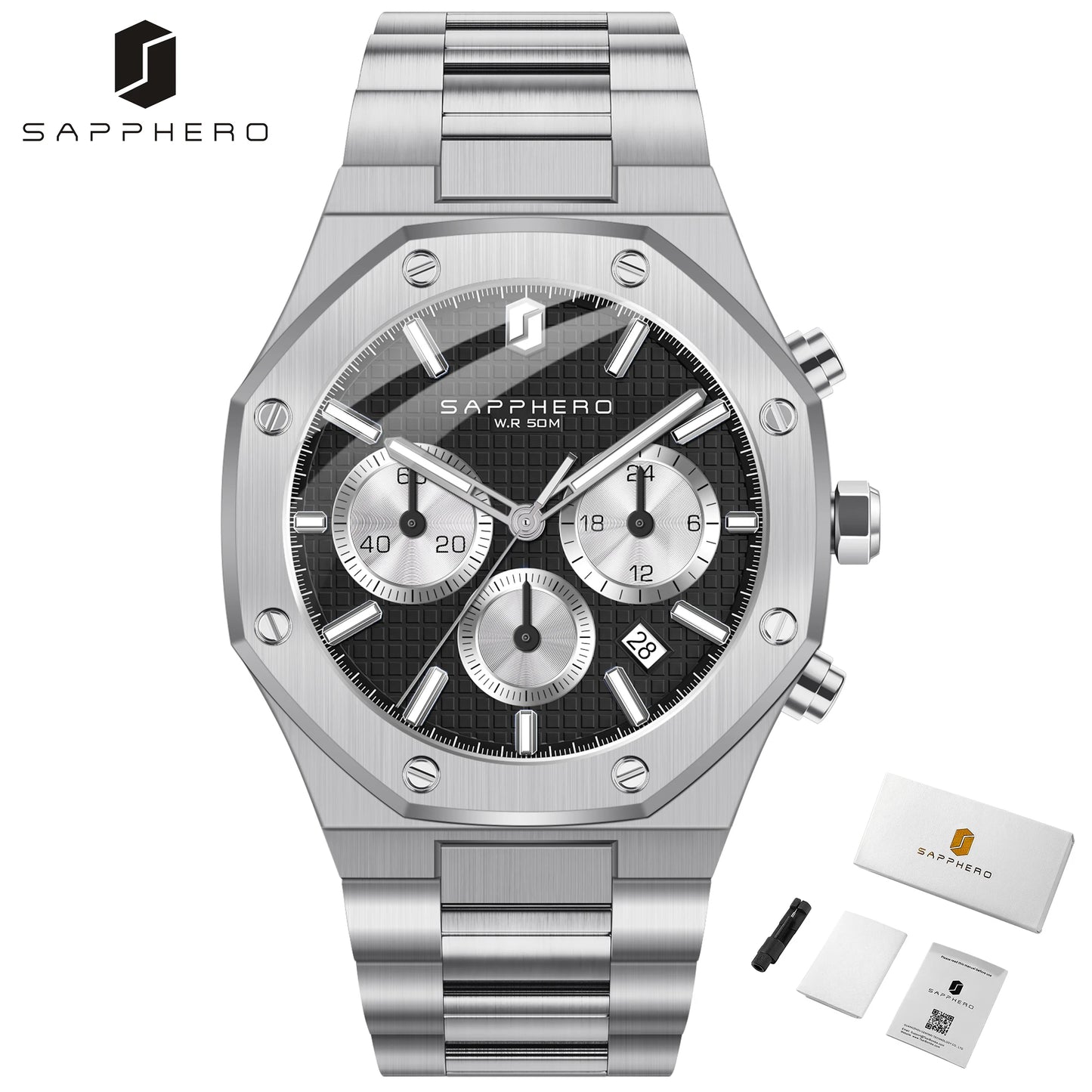 SAPPHERO Tough Men's Watch Business Style Stainless Steel Watch Waterproof Design Date Display Accurate Timer Excellent Gifts