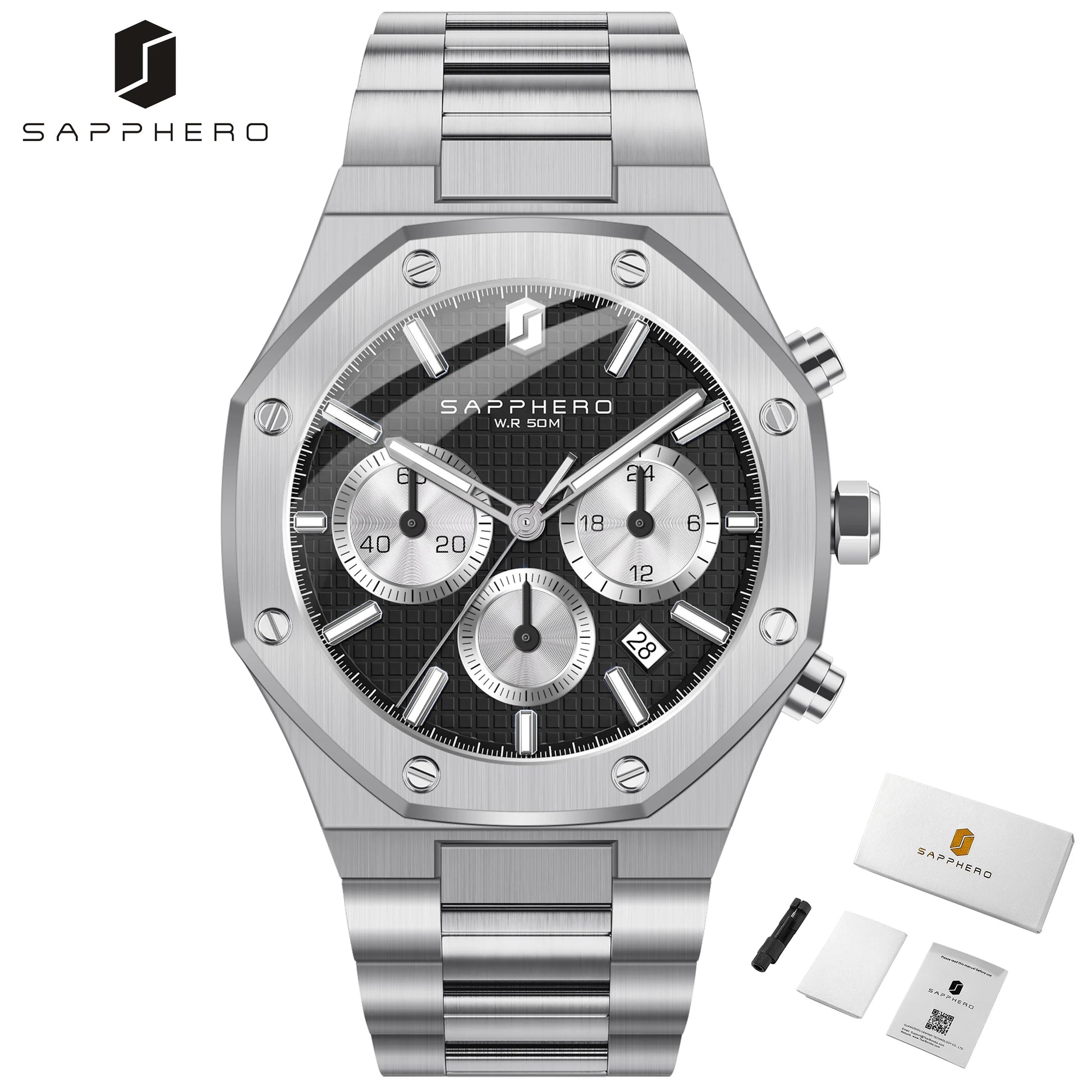 SAPPHERO Tough Men's Watch Business Style Stainless Steel Watch Waterproof Design Date Display Accurate Timer Excellent Gifts