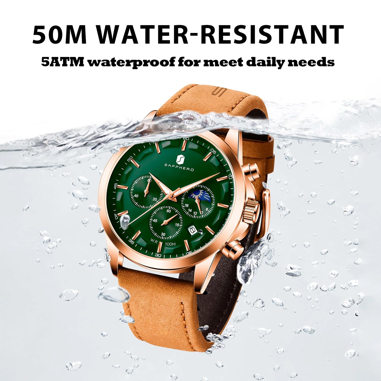 SAPPHERO Men's Business Watches Leather Strap Sports Casual Quartz Men's Watch Classic Waterproof Timepiece 5ATM Wrist Watch