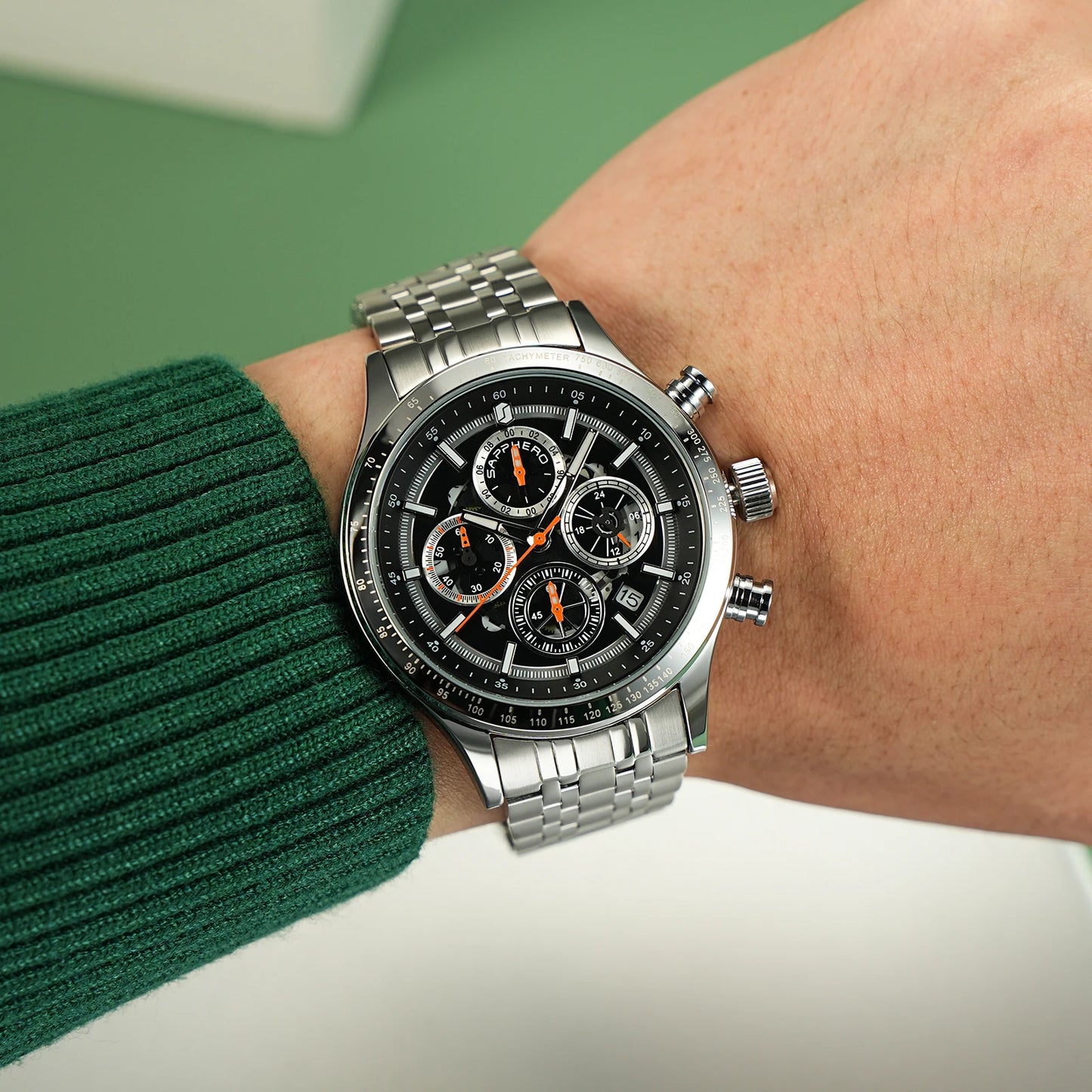 SAPPHERO Fashion Men Watch Mechanical Style Quartz Watch 50M Waterproof Clock Date Chronograph Watch  Gift Watch For Men