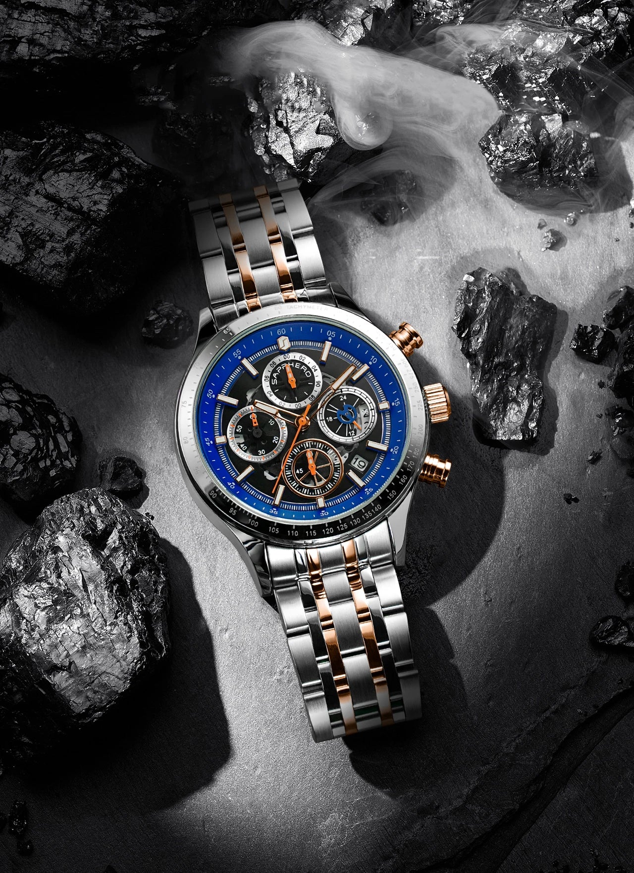 SAPPHERO Fashion Men Watch Mechanical Style Quartz Watch 50M Waterproof Clock Date Chronograph Watch  Gift Watch For Men
