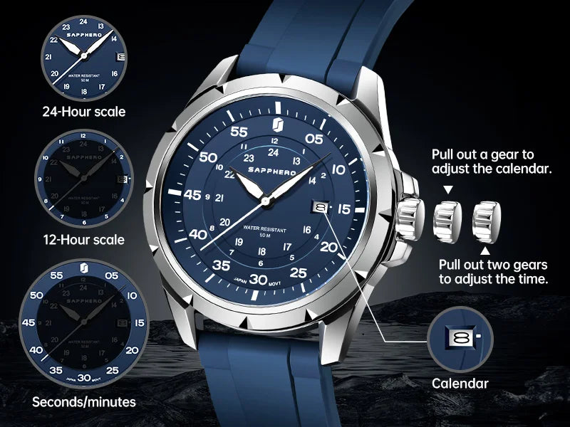 SAPPHERO Men Watch Luxury Quartz Clock 50M Waterproof Imported Movement Stainless Steel Watch Men's Gift Wristwatch