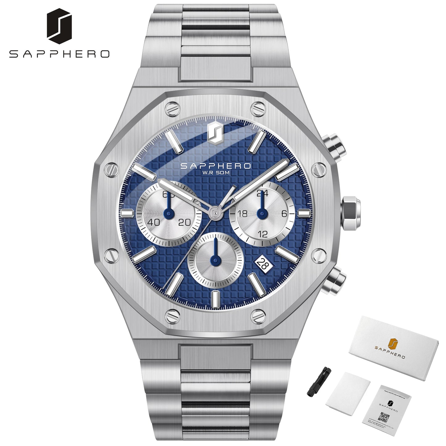 SAPPHERO Tough Men's Watch Business Style Stainless Steel Watch Waterproof Design Date Display Accurate Timer Excellent Gifts