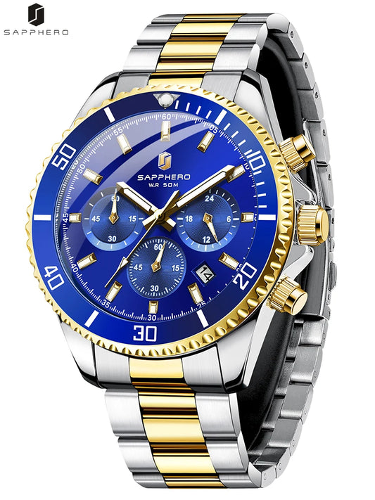 SAPPHERO Mens Watch Gold Stainless Steel Calendar Chronograph For Men Stainless Steel Wristwatches Dial