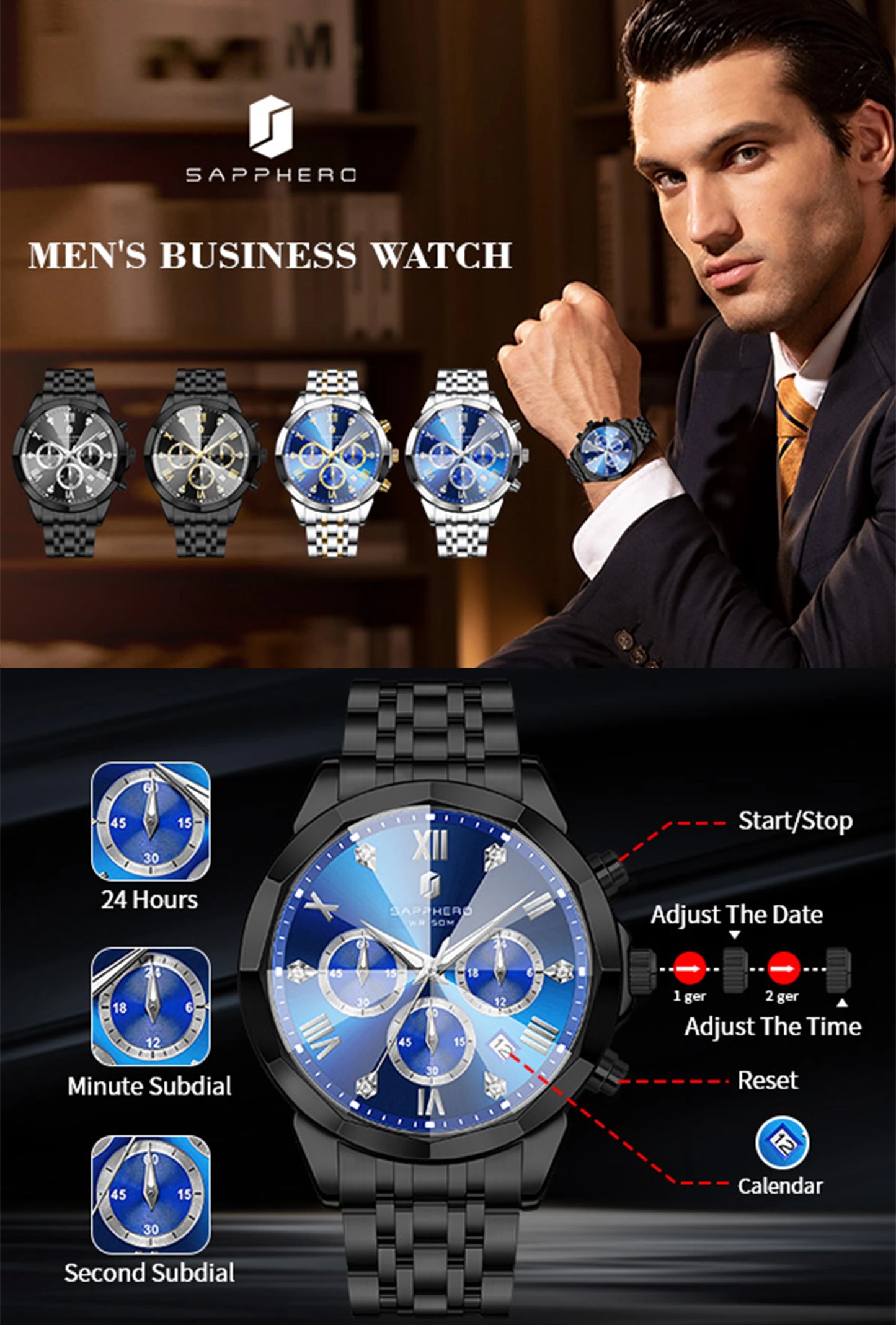 SAPPHERO Business Men's Watch Stainless Steel Watch 5 ATM Luminous Watch Date Display Tough Men's Gift Watch For Men