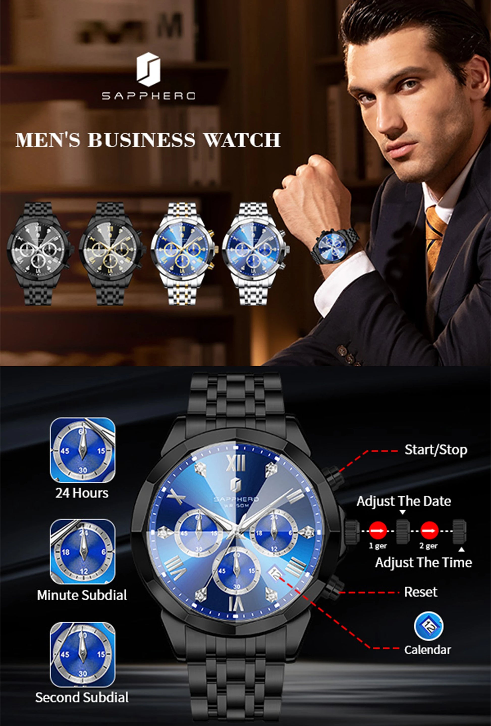 SAPPHERO Business Men's Watch Stainless Steel Watch 5 ATM Luminous Watch Date Display Tough Men's Gift Watch For Men