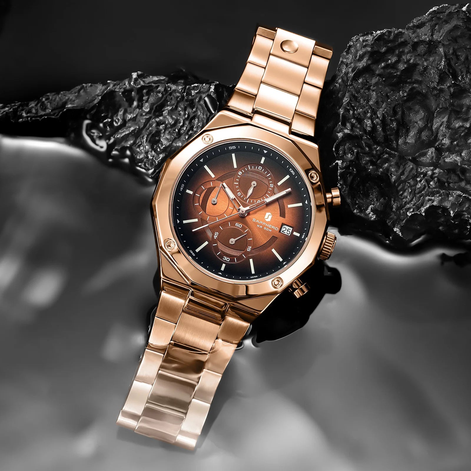 SAPPHERO Rose Gold Men Watch Fashion Luxury Clock Stainless Steel Watch 50m Water Resistance Watch For Men New Year Gifts
