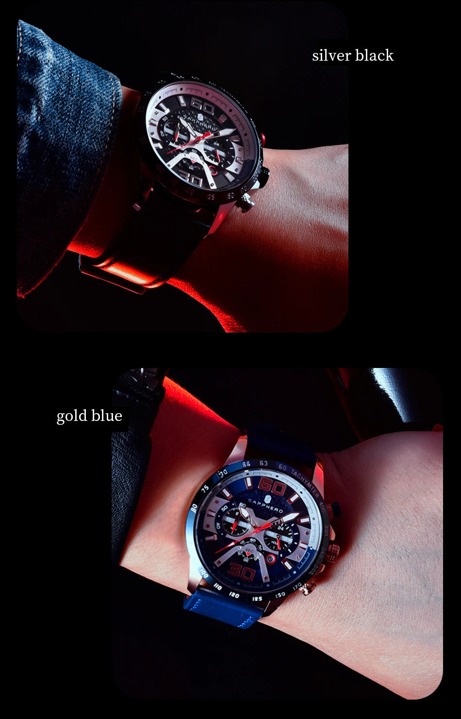 SAPPHERO Sports Men's Watch Rose Gold Watch Leather Strap Date Luminous Waterproof Chronograph Quartz Watch Men's Accessories