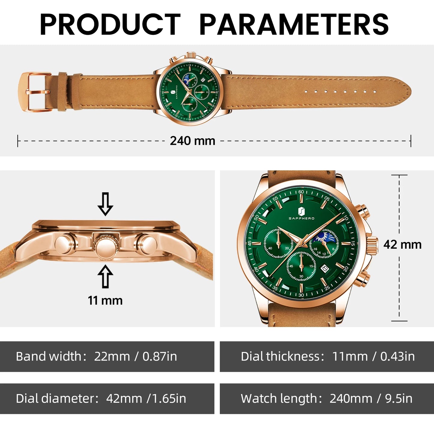 SAPPHERO Men's Business Watches Leather Strap Sports Casual Quartz Men's Watch Classic Waterproof Timepiece 5ATM Wrist Watch