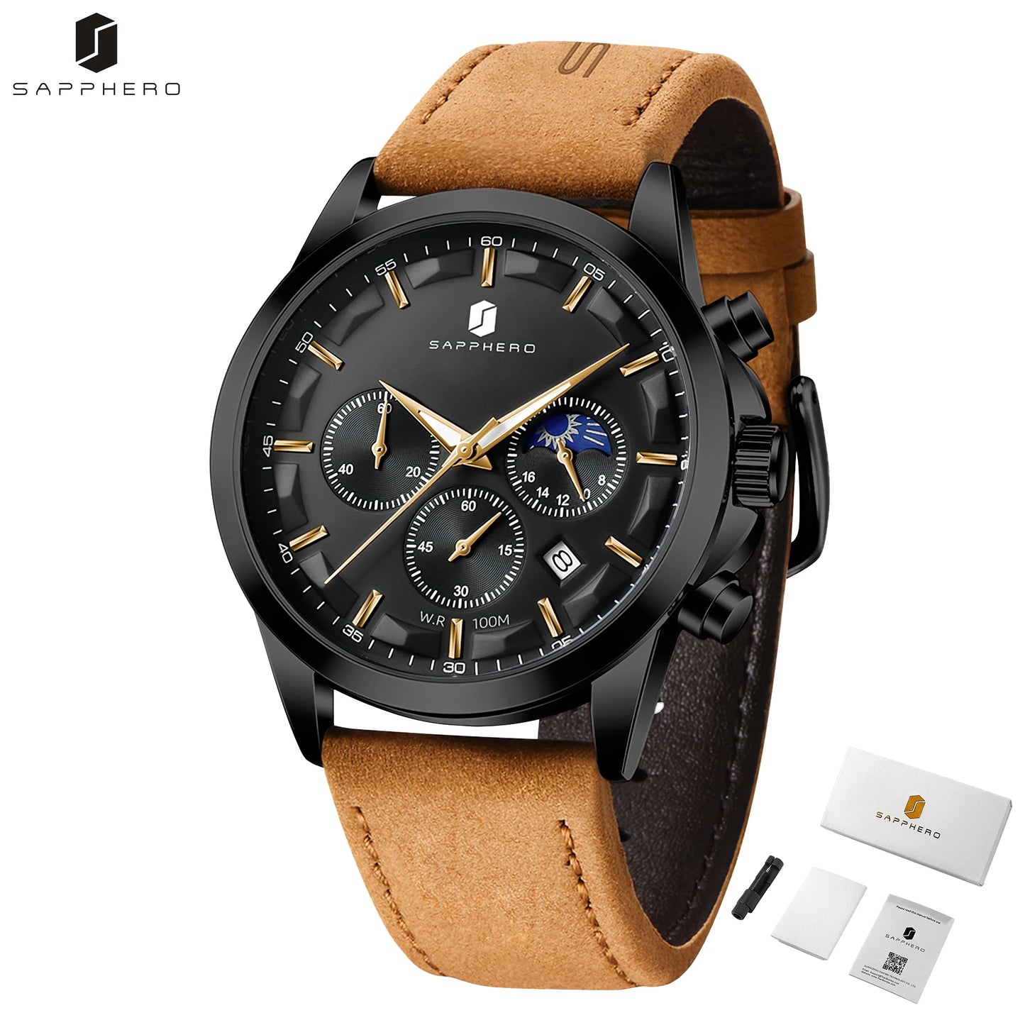 SAPPHERO Men's Business Watches Leather Strap Sports Casual Quartz Men's Watch Classic Waterproof Timepiece 5ATM Wrist Watch