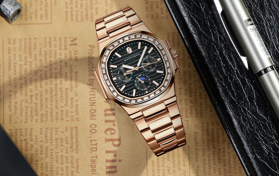 SAPPHERO Luxury Mens Quartz Watch Waterproof Watch Luminous Multifunctional Dial Clock Stainless Steel Strap Fashion Watch