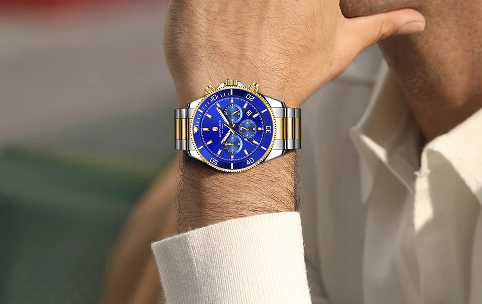 SAPPHERO Mens Watch Gold Stainless Steel Calendar Chronograph For Men Stainless Steel Wristwatches Dial