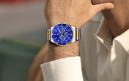 SAPPHERO Mens Watch Gold Stainless Steel Calendar Chronograph For Men Stainless Steel Wristwatches Dial