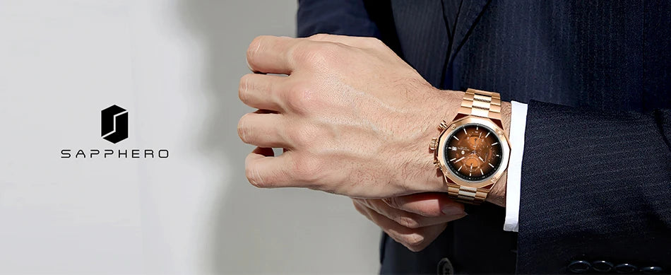 SAPPHERO Rose Gold Men Watch Fashion Luxury Clock Stainless Steel Watch 50m Water Resistance Watch For Men New Year Gifts