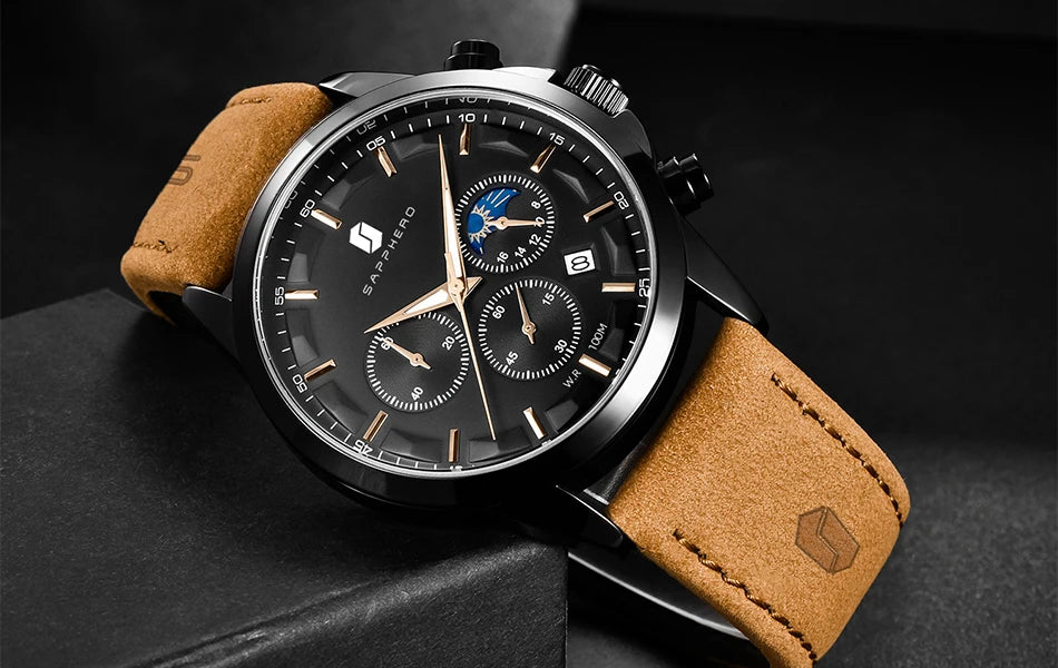 SAPPHERO Stainless steel Mens Watch Luxury Business Quartz Clock 100M Waterproof Casual Date Wristwatch for Men