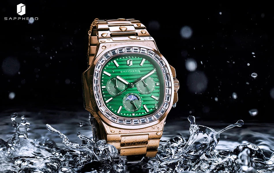 SAPPHERO Luxury Mens Quartz Watch Waterproof Watch Luminous Multifunctional Dial Clock Stainless Steel Strap Fashion Watch