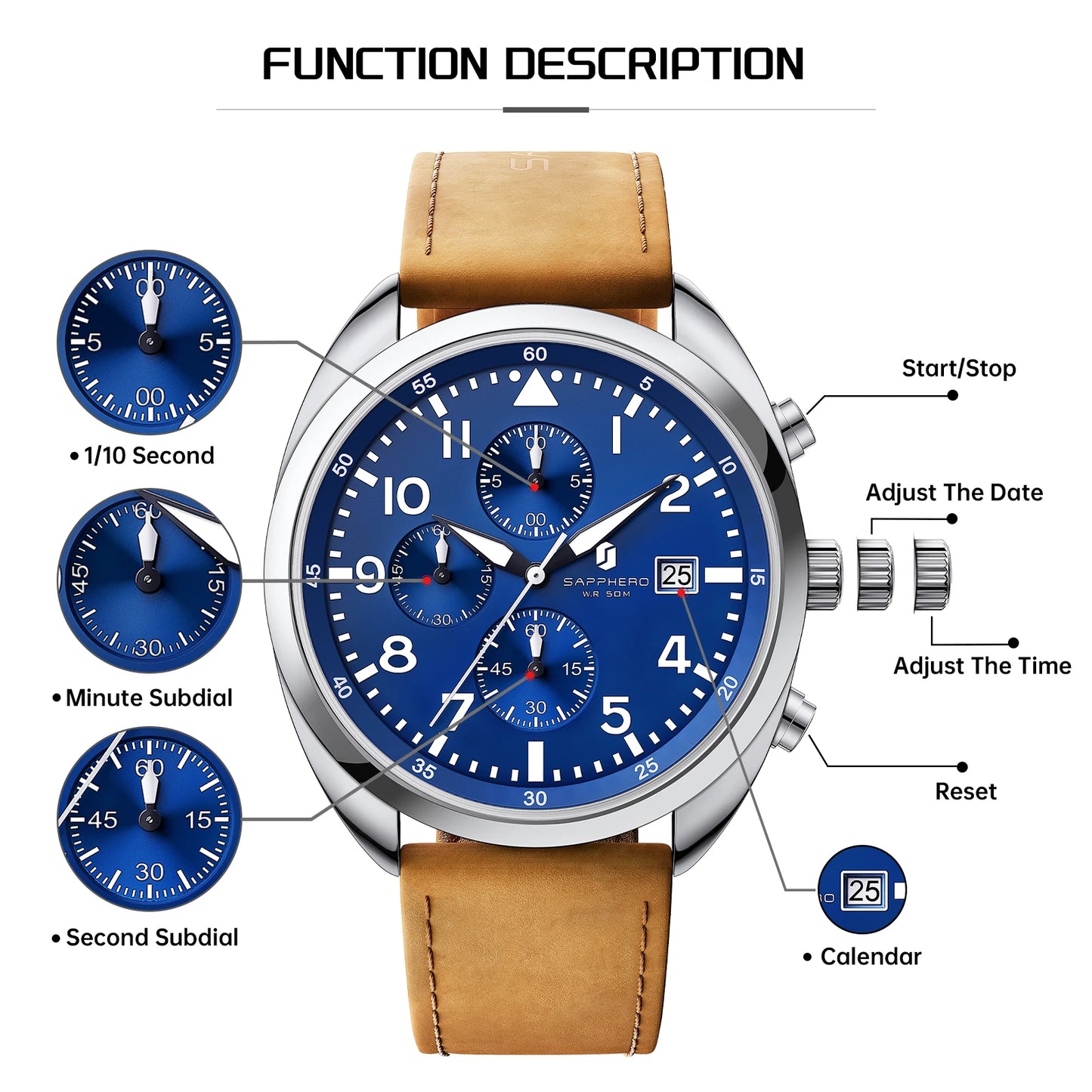 SAPPHERO Men's Quartz Watch Accurate 5ATM Waterproof Men's Watch Business Style Athleisure Watch Simple and Simple Design Clock
