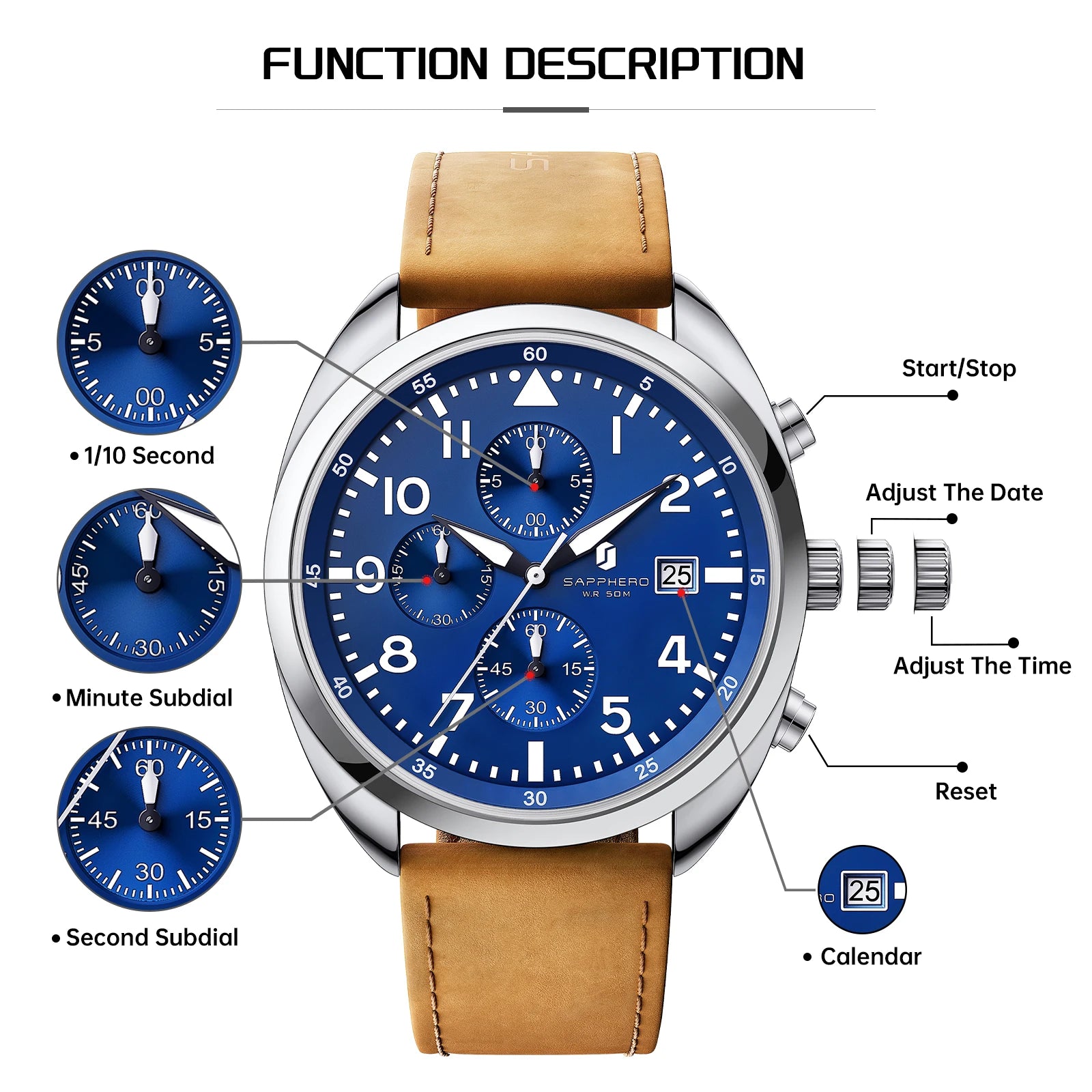 SAPPHERO Men's Quartz Watch Accurate 5ATM Waterproof Men's Watch Business Style Athleisure Watch Simple and Simple Design Clock
