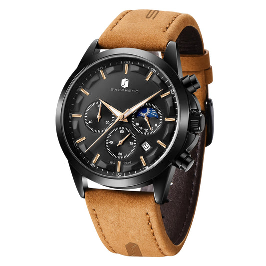 SAPPHERO Stainless steel Mens Watch Luxury Business Quartz Clock 100M Waterproof Casual Date Wristwatch for Men