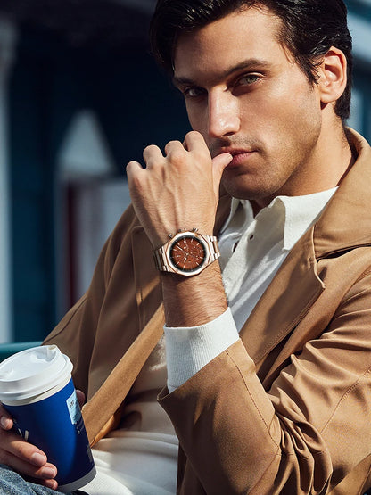 SAPPHERO Rose Gold Men Watch Fashion Luxury Clock Stainless Steel Watch 50m Water Resistance Watch For Men New Year Gifts
