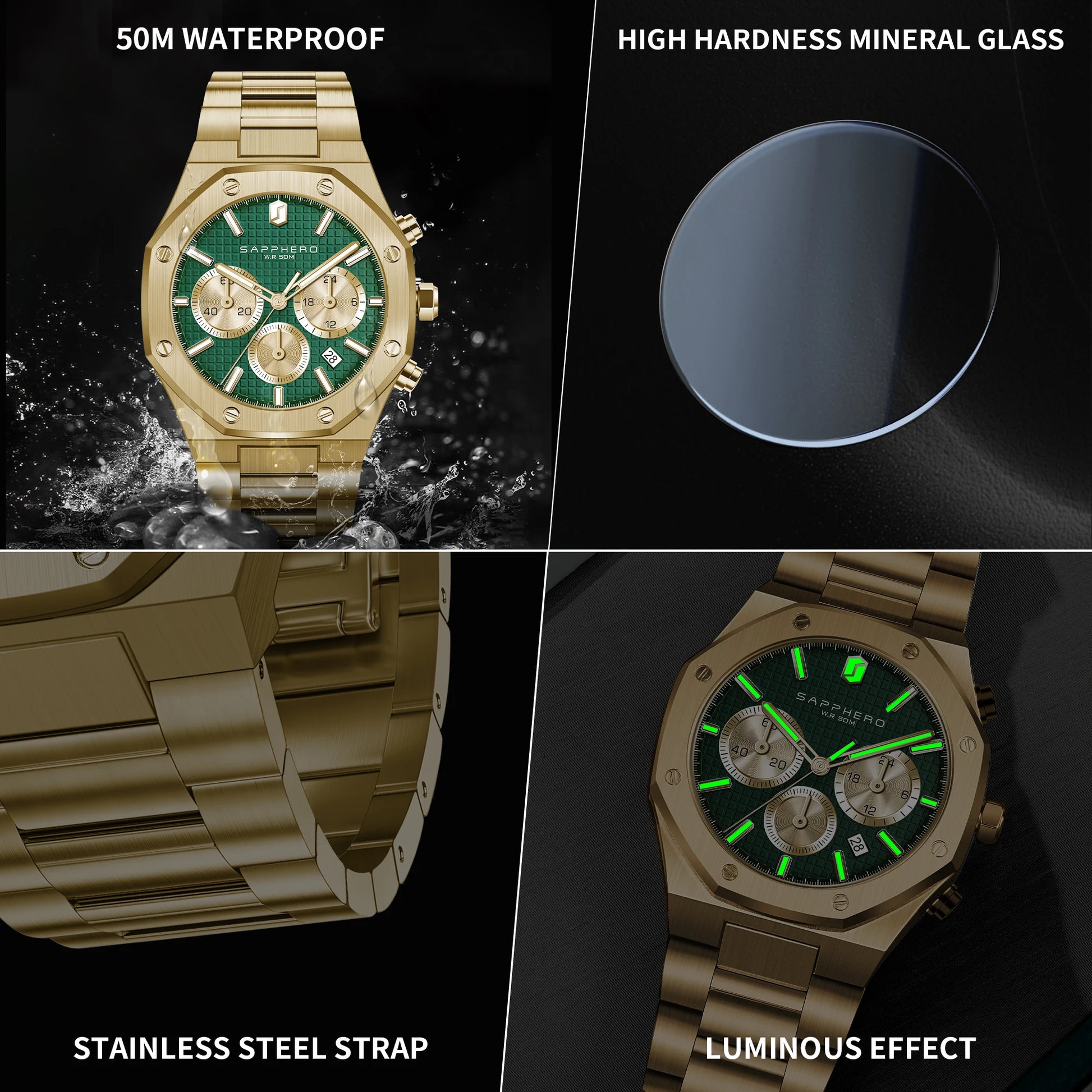 SAPPHERO Tough Men's Watch Business Style Stainless Steel Watch Waterproof Design Date Display Accurate Timer Excellent Gifts