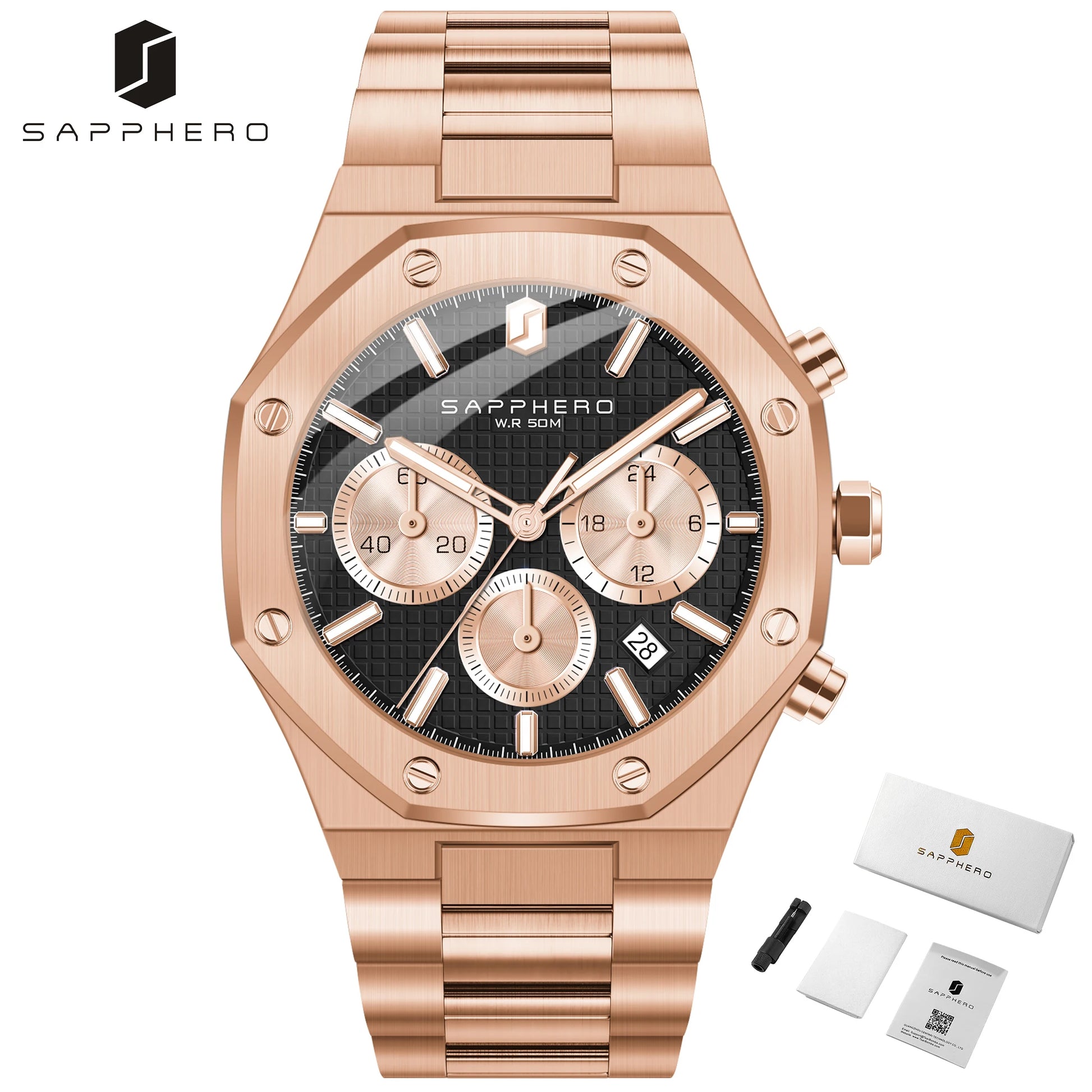 SAPPHERO Tough Men's Watch Business Style Stainless Steel Watch Waterproof Design Date Display Accurate Timer Excellent Gifts