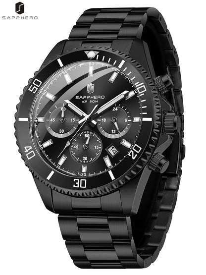 SAPPHERO Mens Watch Gold Stainless Steel Calendar Chronograph For Men Stainless Steel Wristwatches Dial
