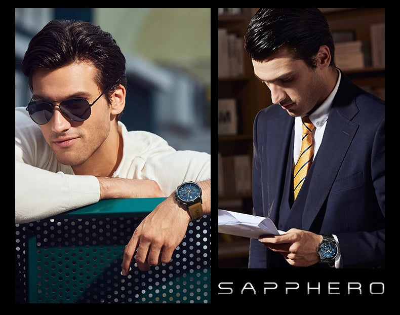SAPPHERO Men's Business Watches Leather Strap Sports Casual Quartz Men's Watch Classic Waterproof Timepiece 5ATM Wrist Watch