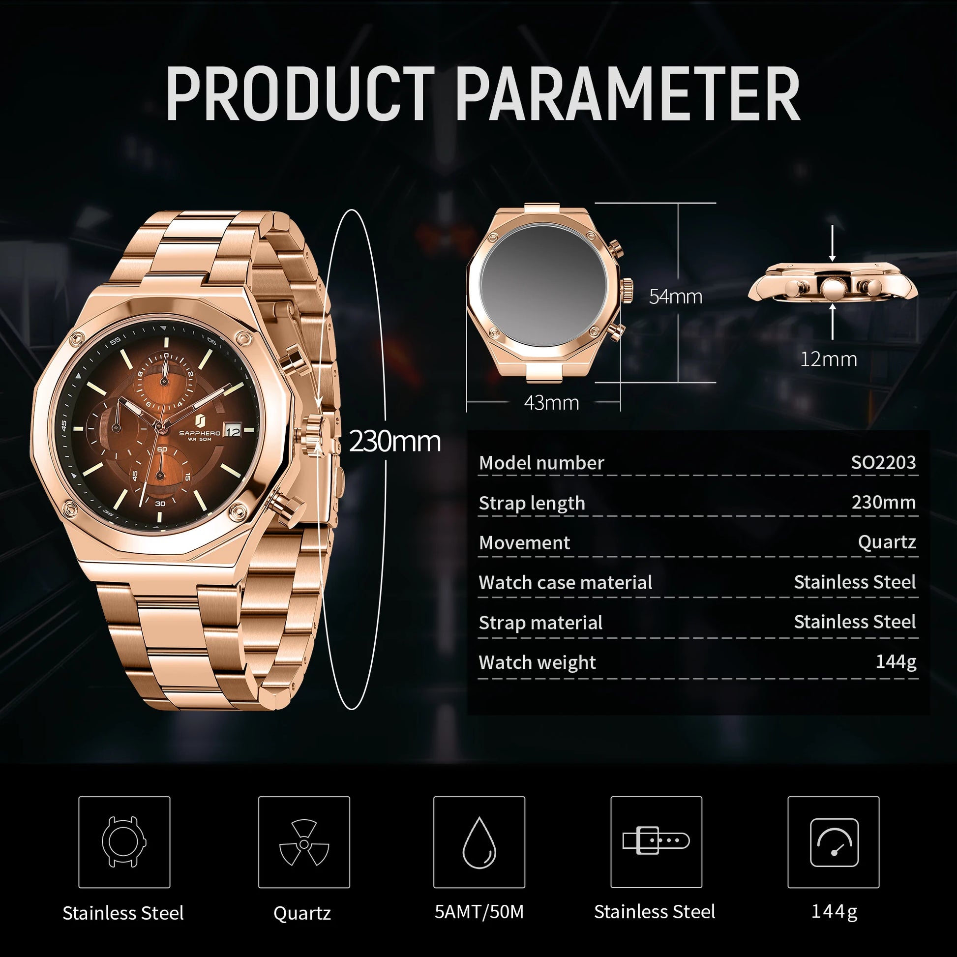 SAPPHERO Rose Gold Men Watch Fashion Luxury Clock Stainless Steel Watch 50m Water Resistance Watch For Men New Year Gifts