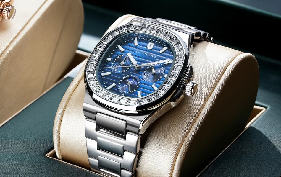 SAPPHERO Luxury Mens Quartz Watch Waterproof Watch Luminous Multifunctional Dial Clock Stainless Steel Strap Fashion Watch