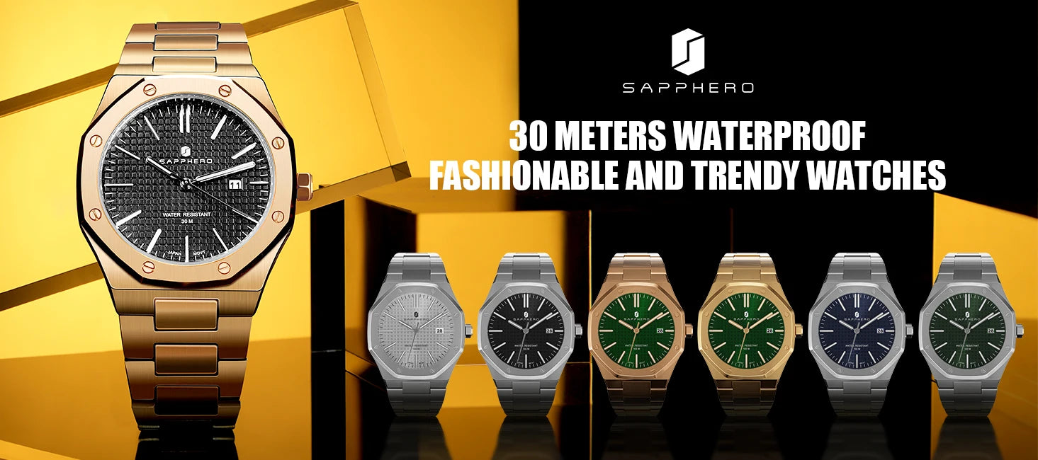 SAPPHERO Stainless steel Mens Watch Luxury Business Quartz Clock 100M Waterproof Casual Date Wristwatch for Men