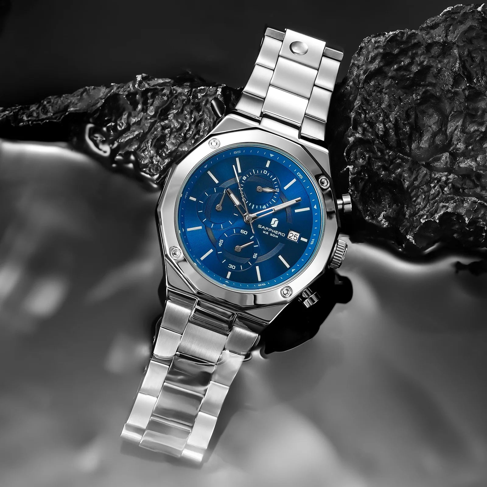 SAPPHERO Rose Gold Men Watch Fashion Luxury Clock Stainless Steel Watch 50m Water Resistance Watch For Men New Year Gifts