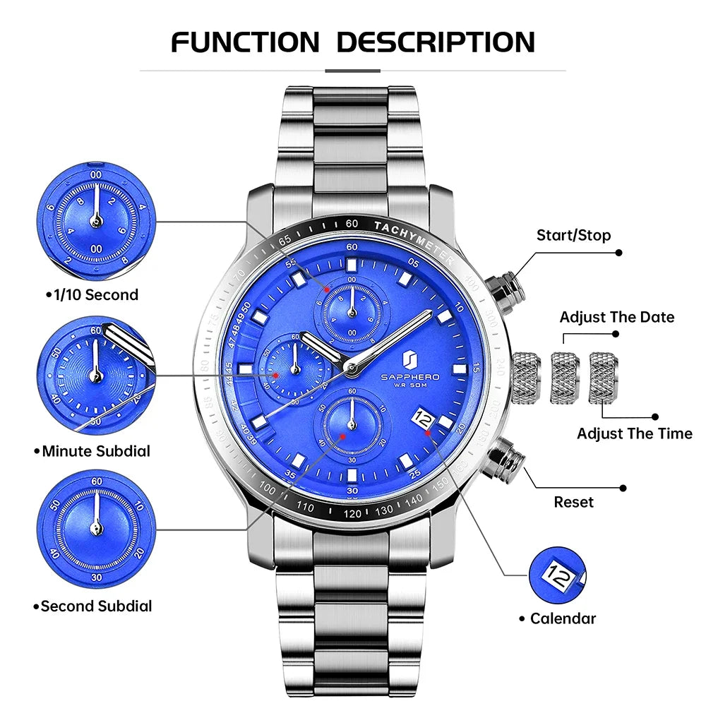 SAPPHERO Business Watch  Date Men's Wristwatch Simple Stainless Steel Watches 50m Waterproof Clock 2025 New Fashion Men's Gifts