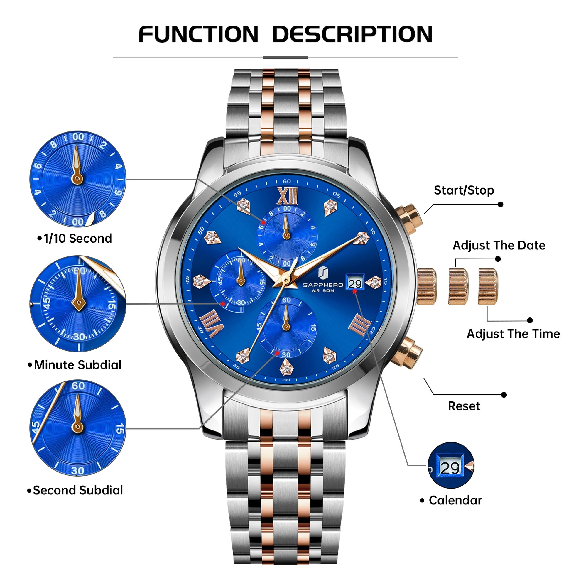 SAPPHERO Luxury Men's Watch Stainless Steel Watch Calendar Waterproof Clock 5ATM Men's Watch High-end Gift Box Clock