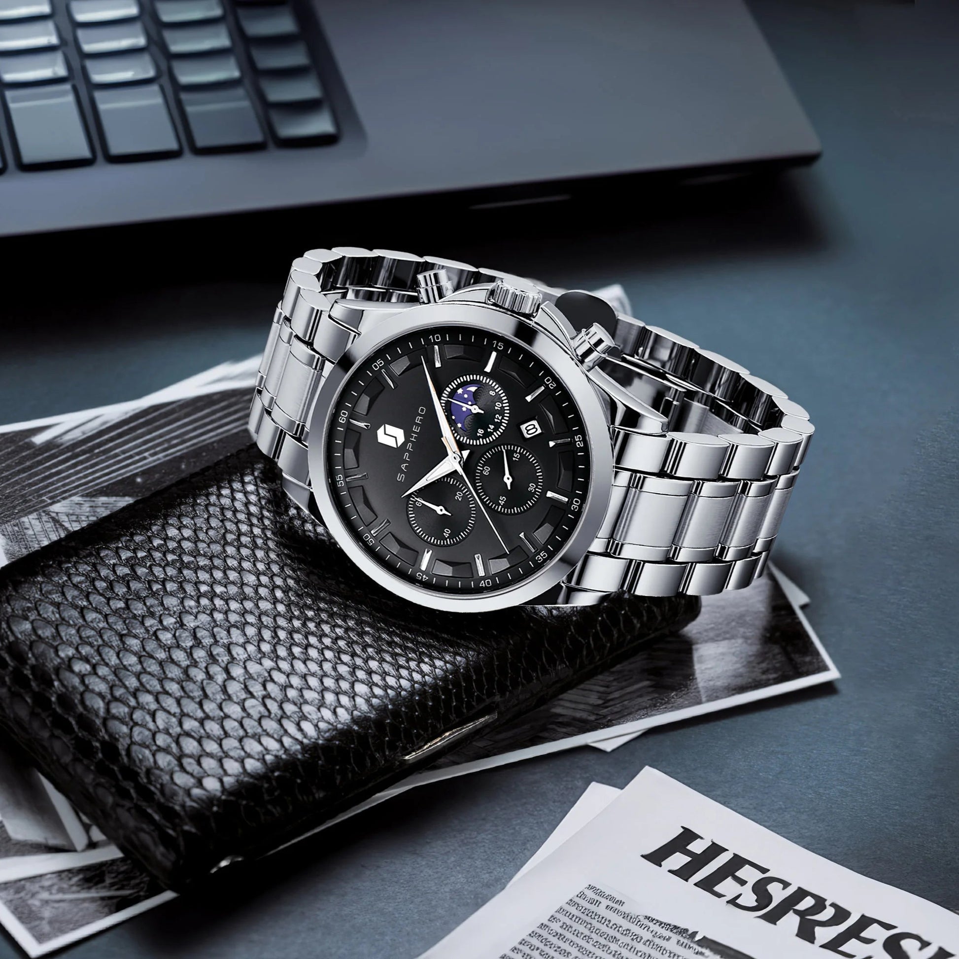 SAPPHERO Men's Business Watches Stainless Steel Strap Date Display & Chronograph Function Waterproof Men's Watch Rose Gold Watch