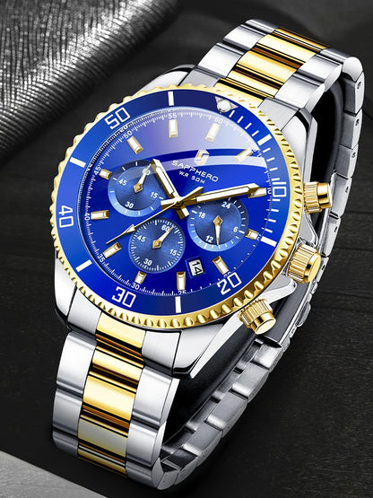 SAPPHERO Mens Watch Gold Stainless Steel Calendar Chronograph For Men Stainless Steel Wristwatches Dial
