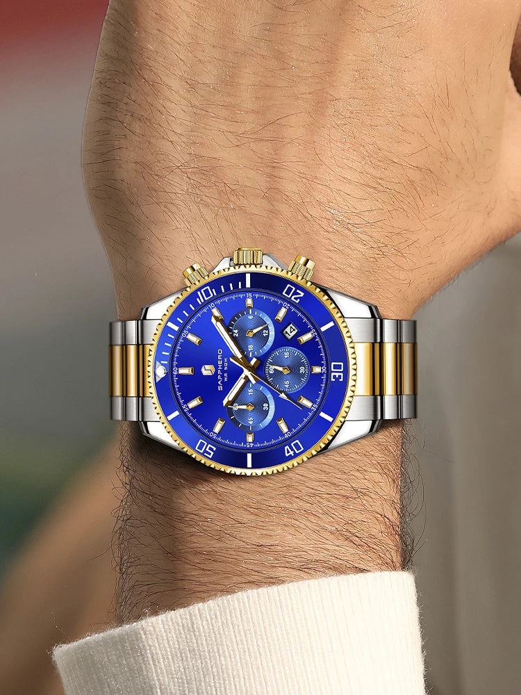 SAPPHERO Mens Watch Gold Stainless Steel Calendar Chronograph For Men Stainless Steel Wristwatches Dial