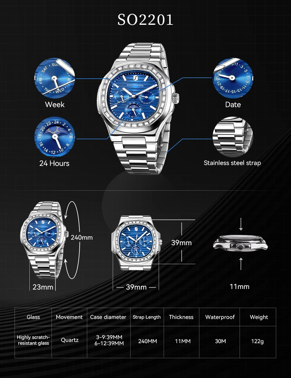 SAPPHERO Luxury Mens Quartz Watch Waterproof Watch Luminous Multifunctional Dial Clock Stainless Steel Strap Fashion Watch