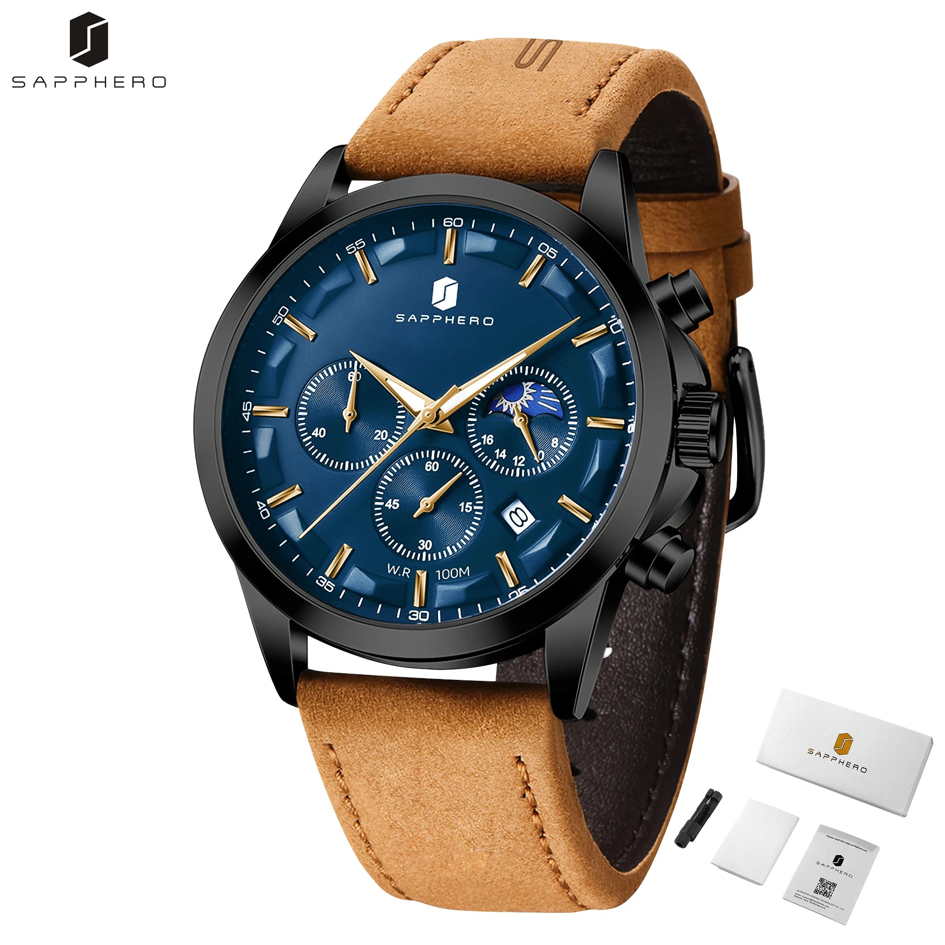 SAPPHERO Men's Business Watches Leather Strap Sports Casual Quartz Men's Watch Classic Waterproof Timepiece 5ATM Wrist Watch