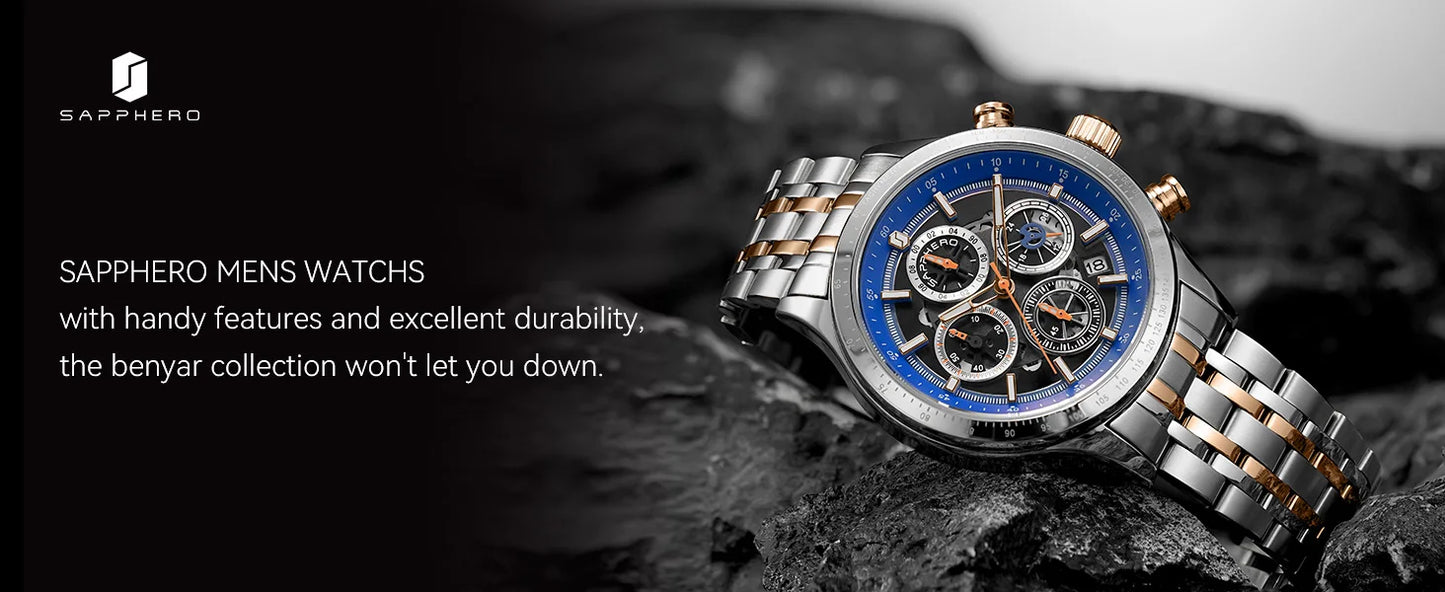SAPPHERO Luxury Mens Quartz Watch Waterproof Watch Luminous Multifunctional Dial Clock Stainless Steel Strap Fashion Watch