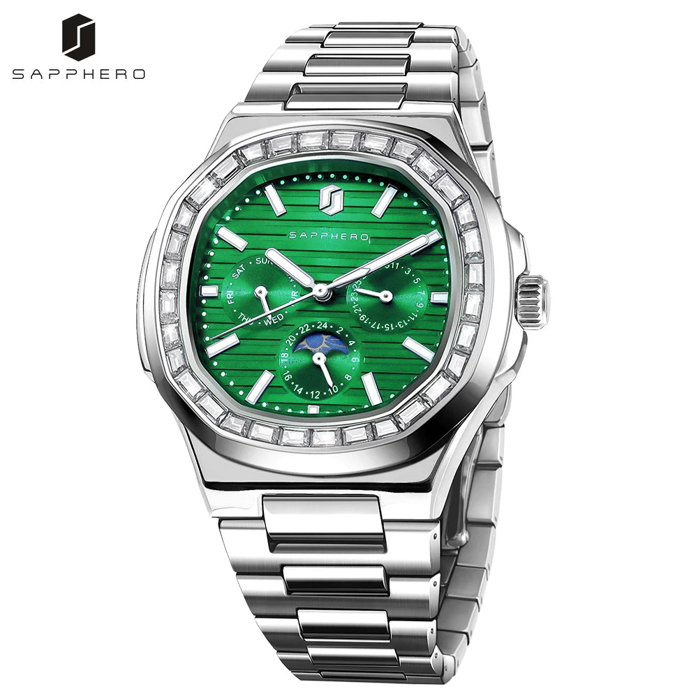 SAPPHERO Luxury Mens Quartz Watch Waterproof Watch Luminous Multifunctional Dial Clock Stainless Steel Strap Fashion Watch