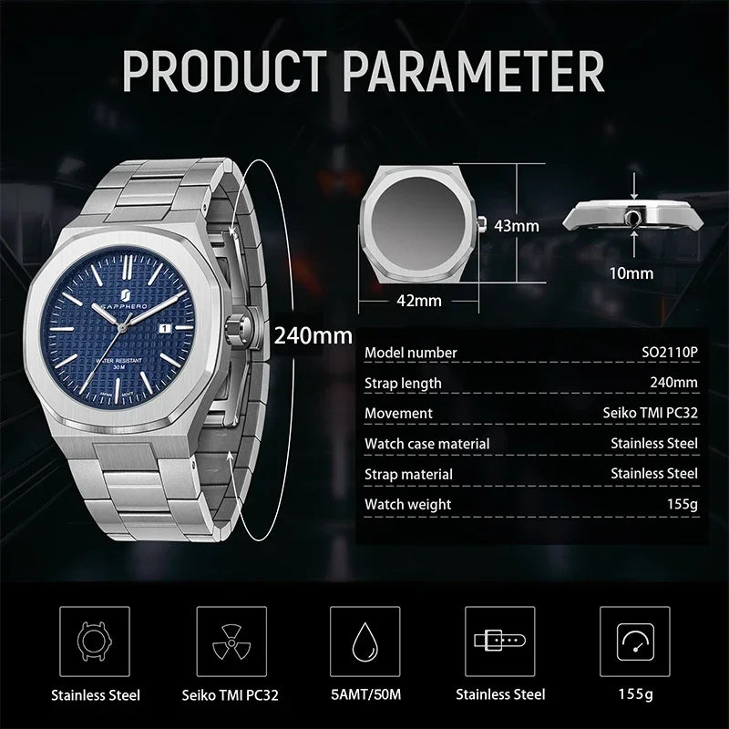 SAPPHERO Luxury Business Men's Watch Stainless Steel Waterproof Watch For Men Glowing Hand Date Function Tough Men Gift Watch