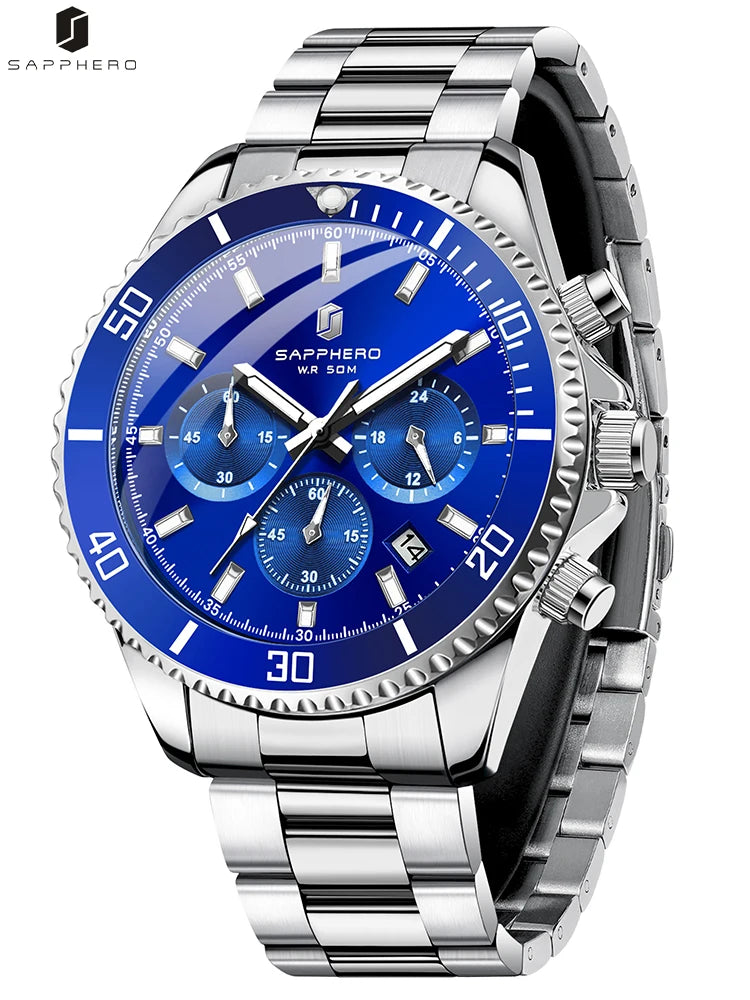 SAPPHERO Mens Watch Gold Stainless Steel Calendar Chronograph For Men Stainless Steel Wristwatches Dial