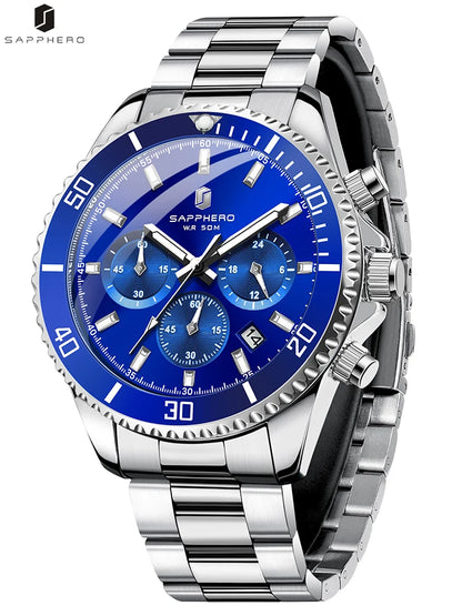 SAPPHERO Mens Watch Gold Stainless Steel Calendar Chronograph For Men Stainless Steel Wristwatches Dial