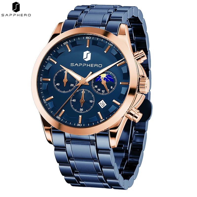 SAPPHERO Men's Business Watches Stainless Steel Strap Date Display & Chronograph Function Waterproof Men's Watch Rose Gold Watch