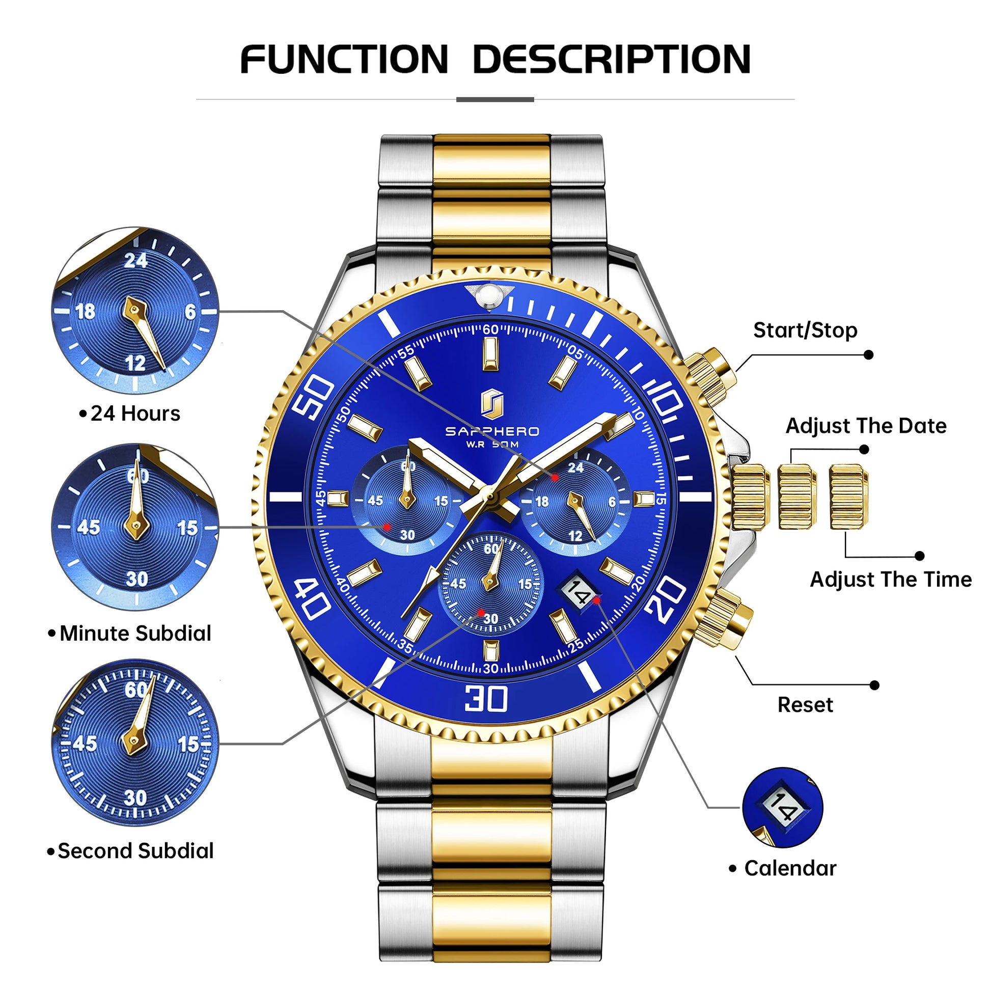 SAPPHERO Mens Watch Gold Stainless Steel Calendar Chronograph For Men Stainless Steel Wristwatches Dial