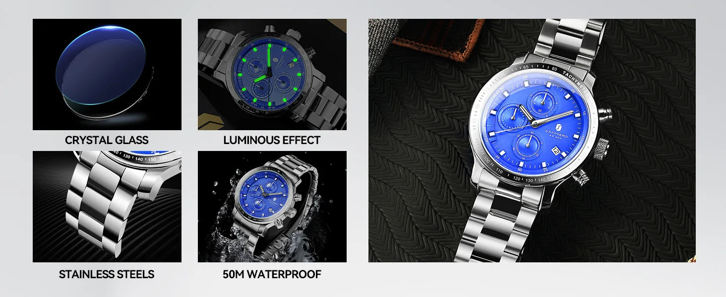 SAPPHERO Business Watch  Date Men's Wristwatch Simple Stainless Steel Watches 50m Waterproof Clock 2025 New Fashion Men's Gifts